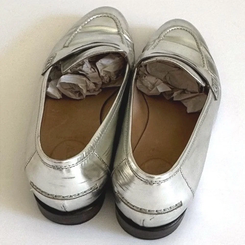 J.Crew Penny Loafers Size 9 Silver Metallic Leather Made in Italy Dark Academia